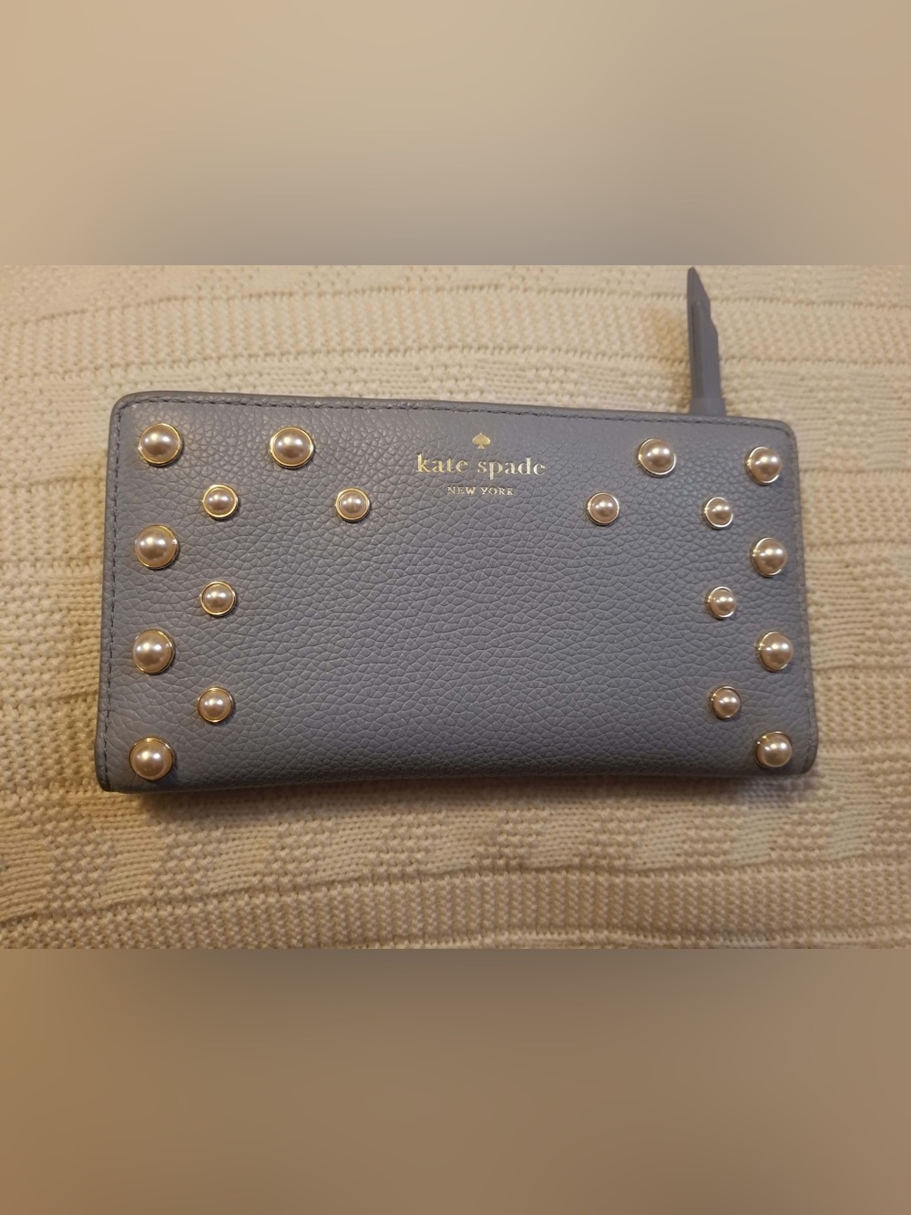 kate spade gray pearl-studded pebbled leather wallet